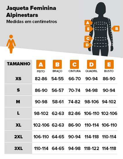 Tabela de medidas jaqueta alpinestars feminina
